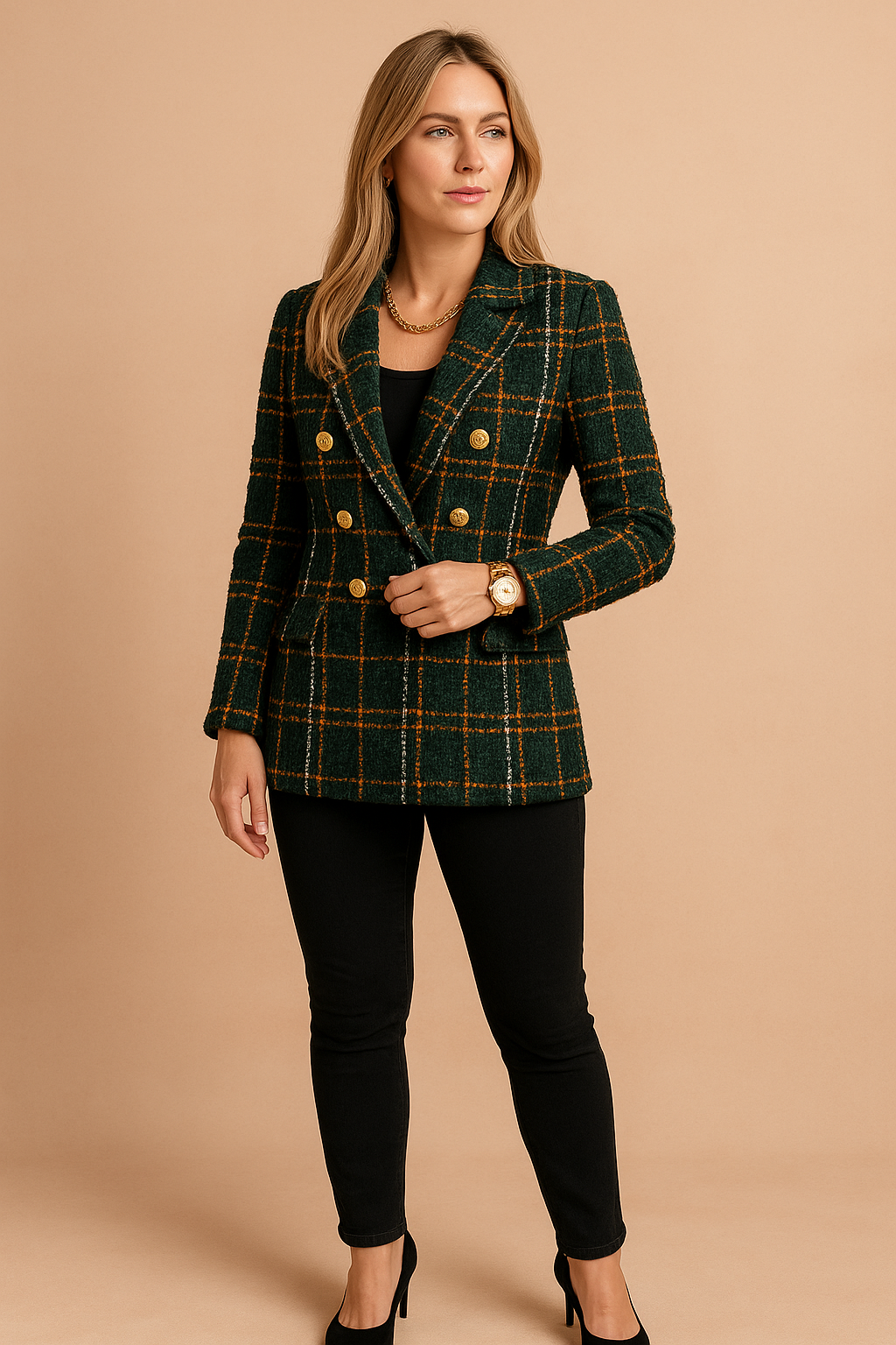 Plaid Tweed Double Breasted Blazer