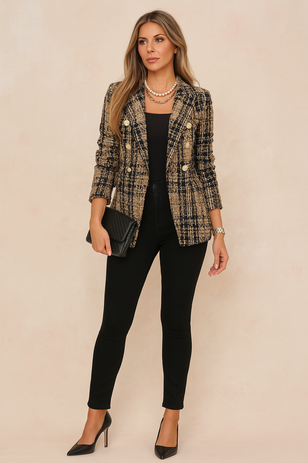 Plaid Tweed Double Breasted Blazer