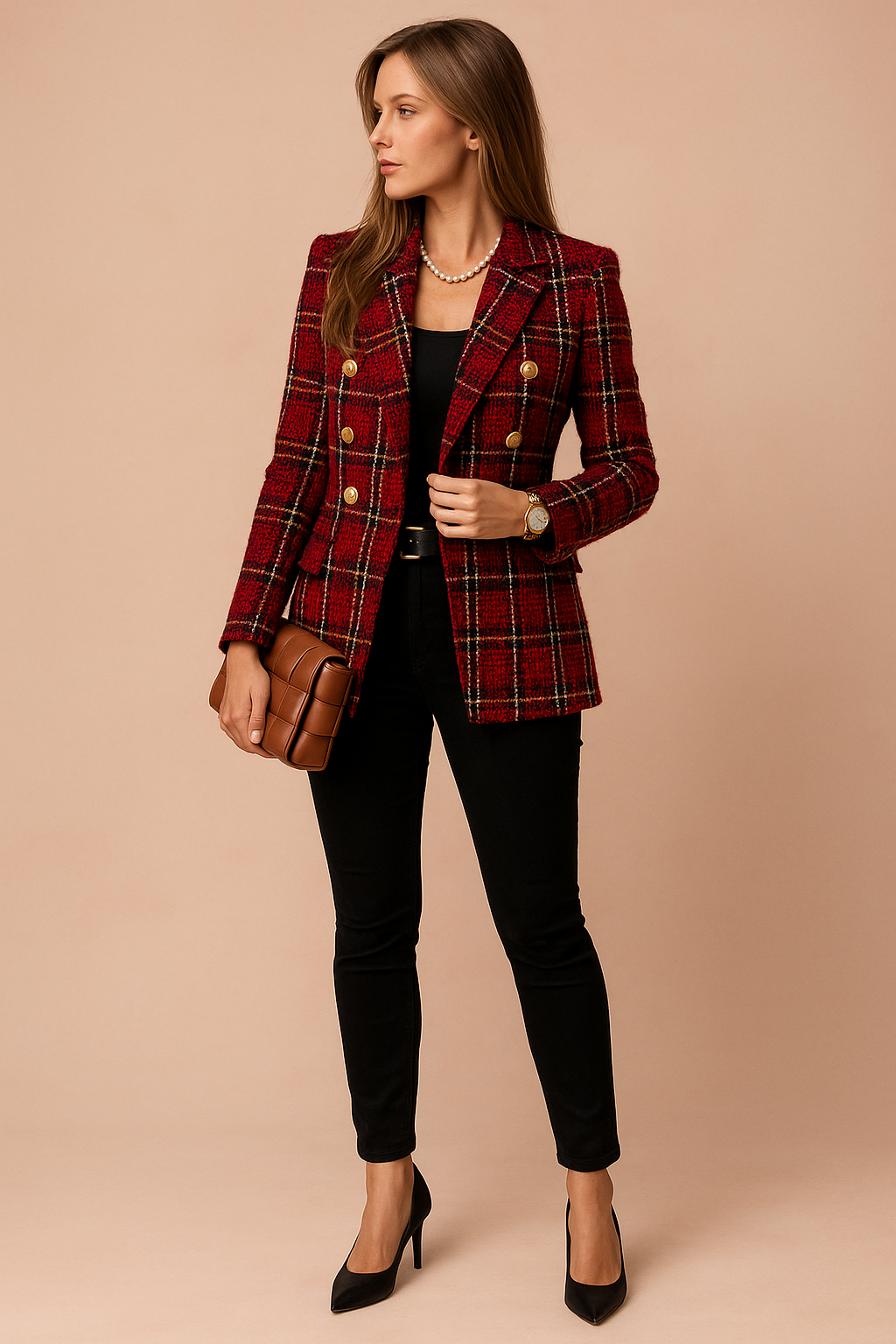 Plaid Tweed Double Breasted Blazer