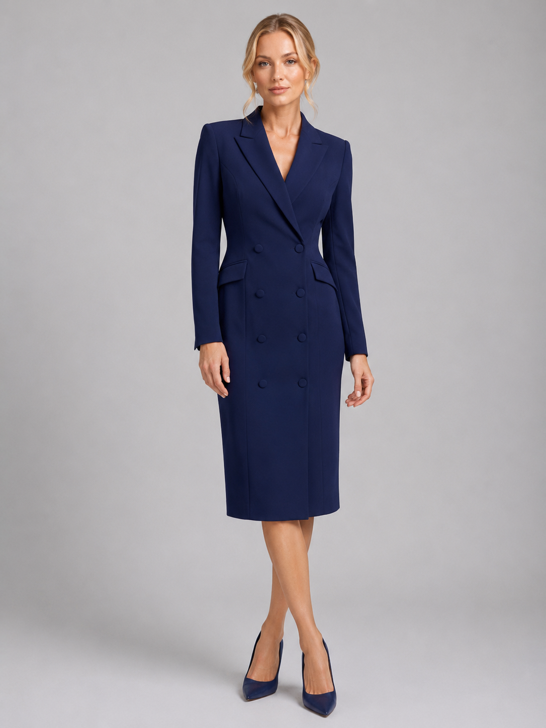 Women's Tailored Blazer Dress Double Breasted Midi Dress