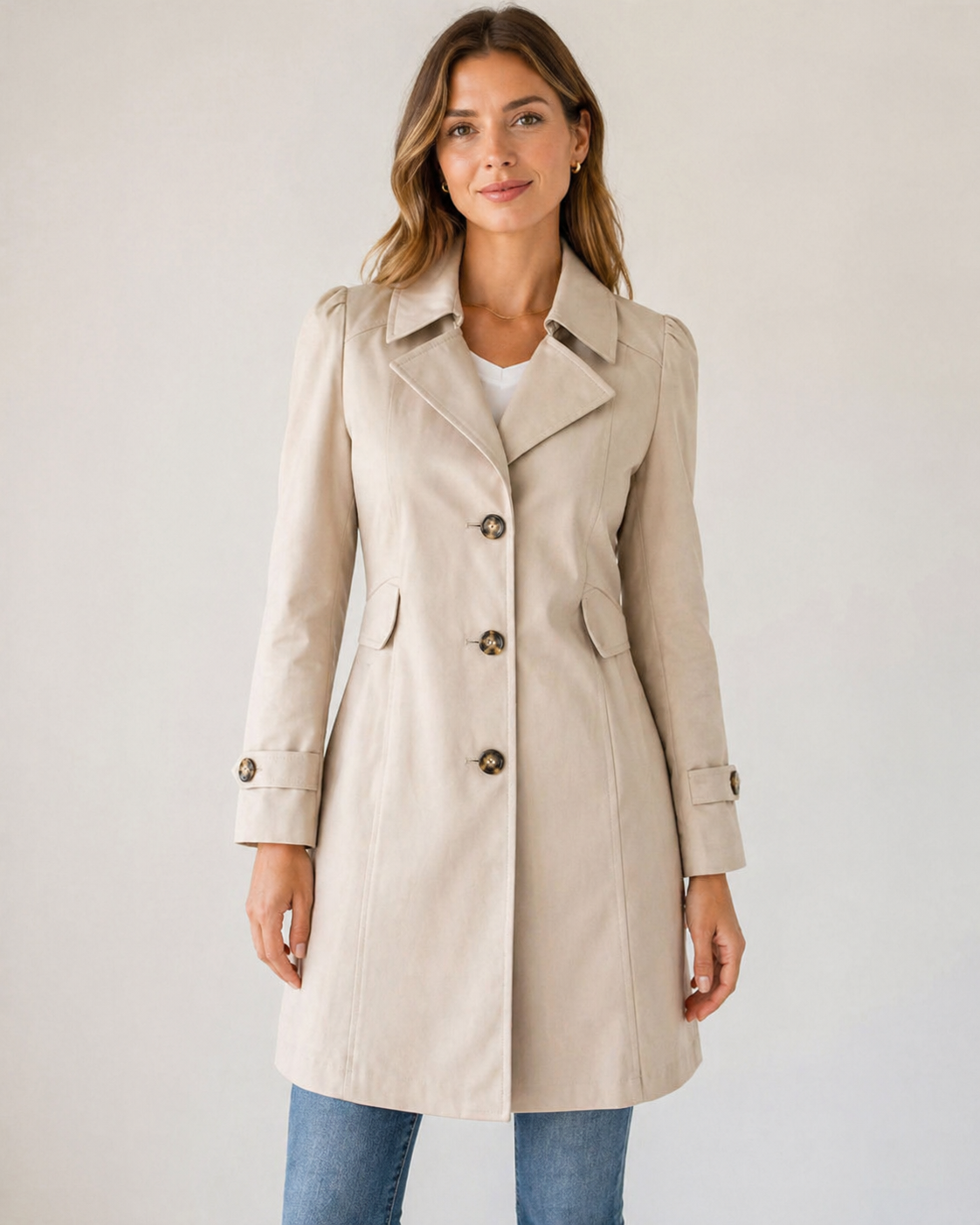 Women’s Short Trench Coat – Tailored Button Front Jacket