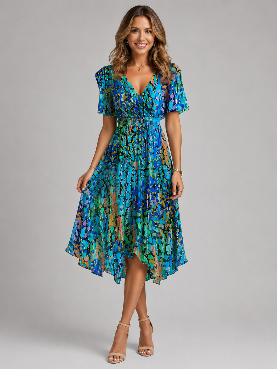 Women's Floral V-Neck Midi Dress Flutter Sleeve Summer Dress