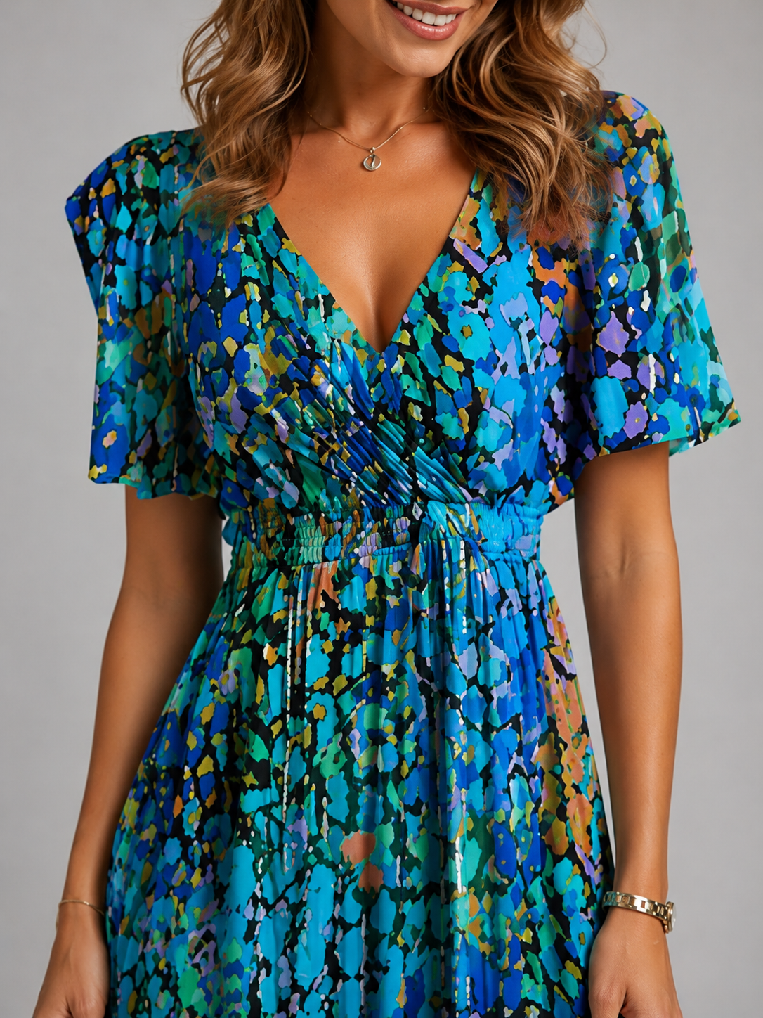 Women's Floral V-Neck Midi Dress Flutter Sleeve Summer Dress