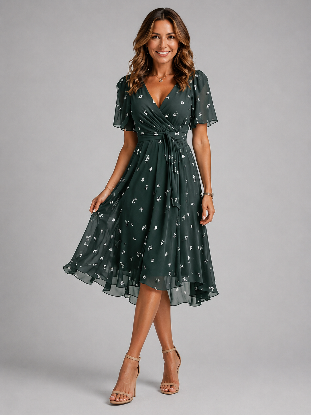 Women's Floral V-Neck Midi Dress Flutter Sleeve Summer Dress