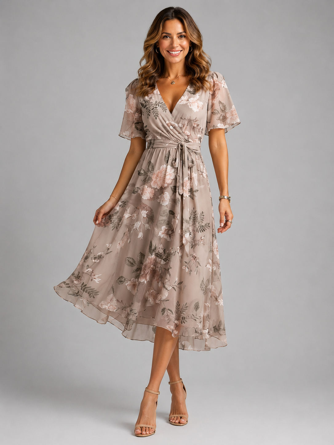Women's Floral V-Neck Midi Dress Flutter Sleeve Summer Dress