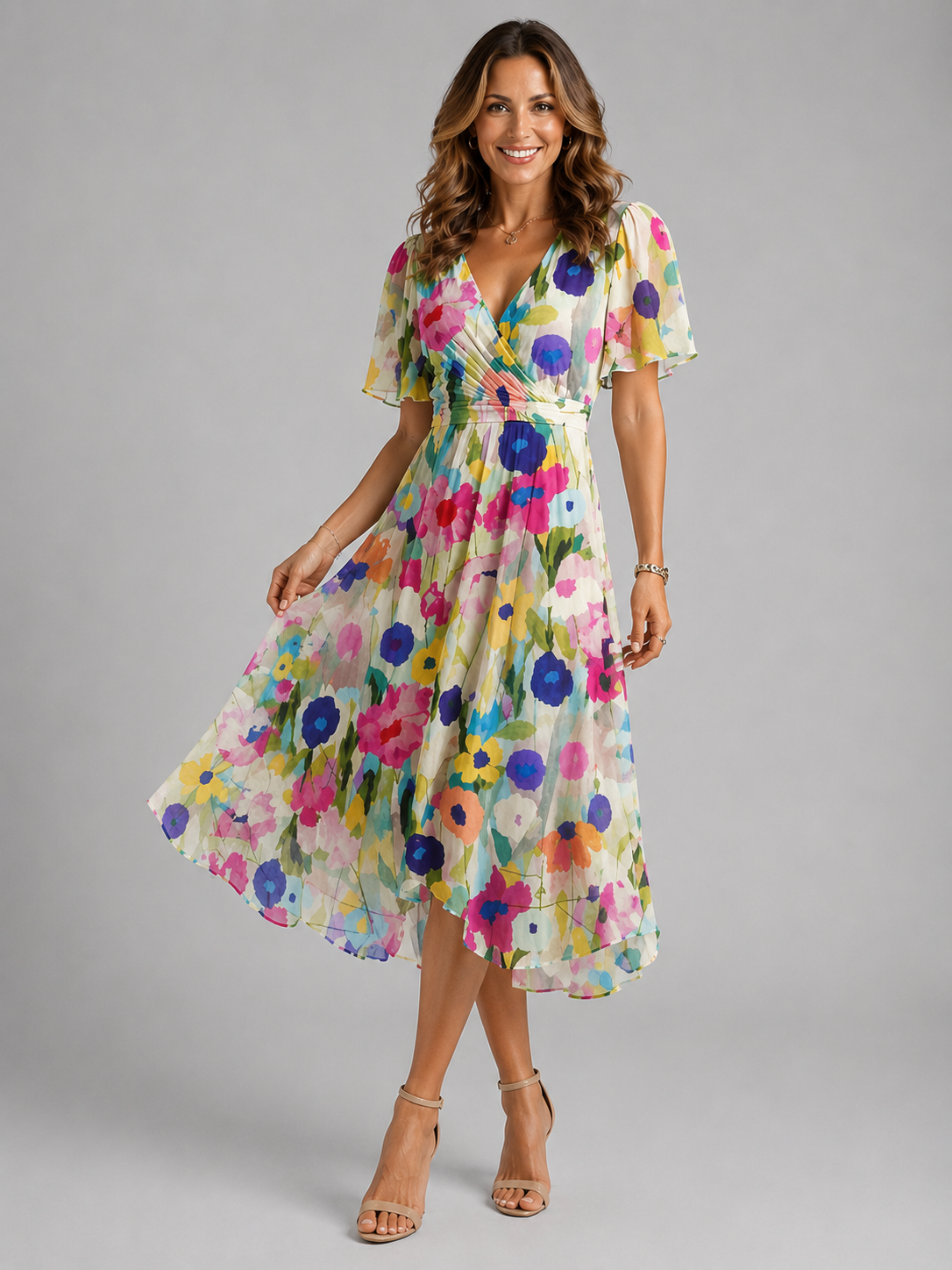 Women's Floral V-Neck Midi Dress Flutter Sleeve Summer Dress