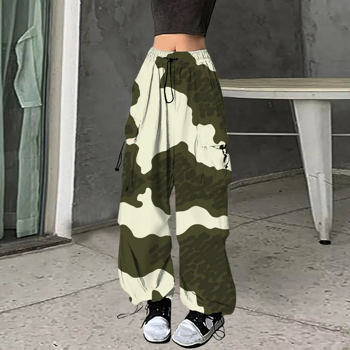 Cow Print Elastic Waist Drawstring Baggy Cargo Jogger Pants 3