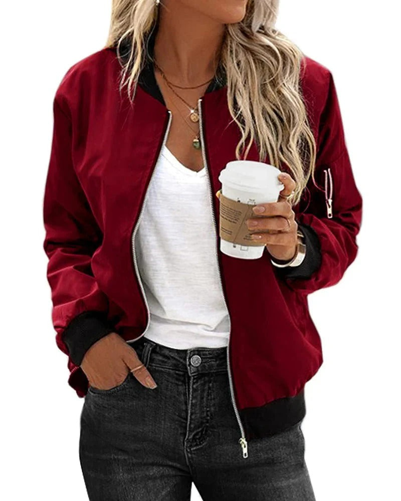 Zip Front Ribbed Trim Bomber Jacket