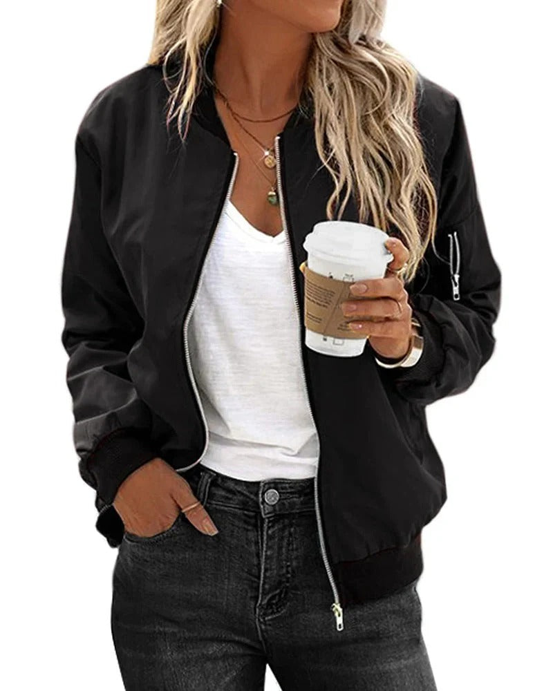 Zip Front Ribbed Trim Bomber Jacket