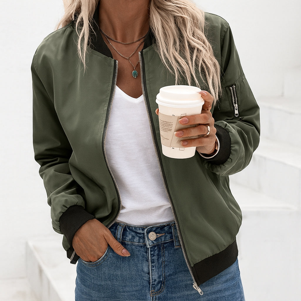 Zip Front Ribbed Trim Bomber Jacket