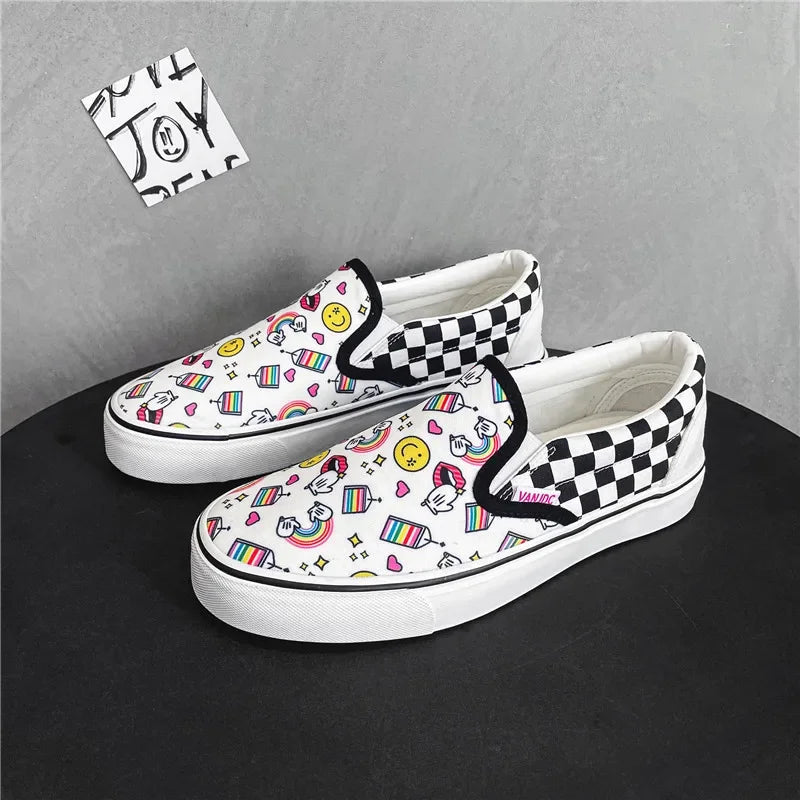 Womens Canvas Multicolor Checkerboard Design SlipOn Flats Summer Fashion Skateboard