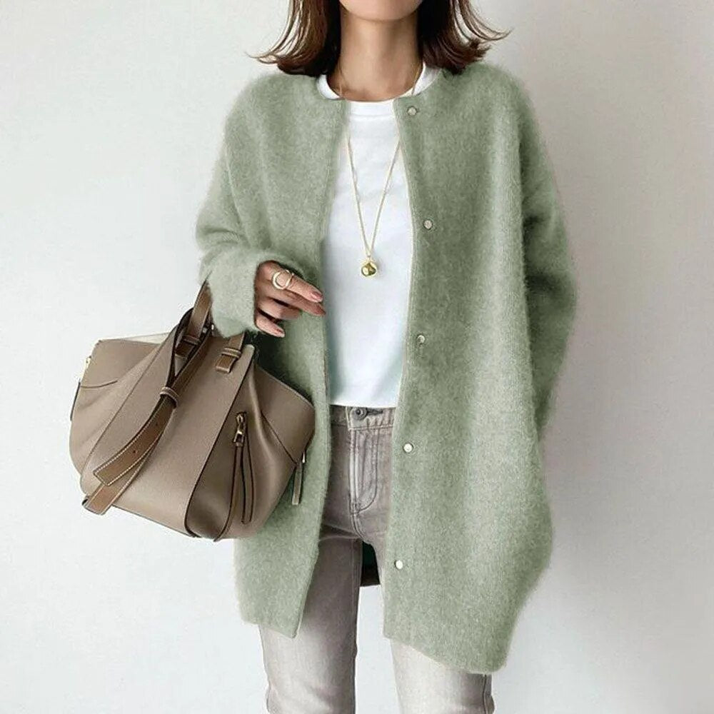 Crew Neck Button Front Longline Oversized Cardigan