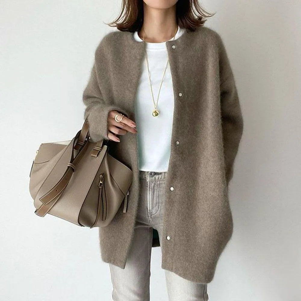 Crew Neck Button Front Longline Oversized Cardigan