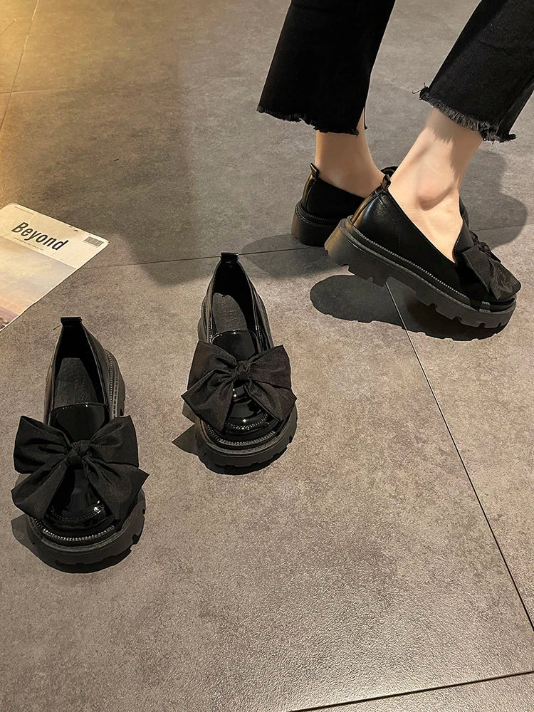 Fur Round Toe Platform Retro Leather Casual Bow-Knot All-Match Derby Loafers
