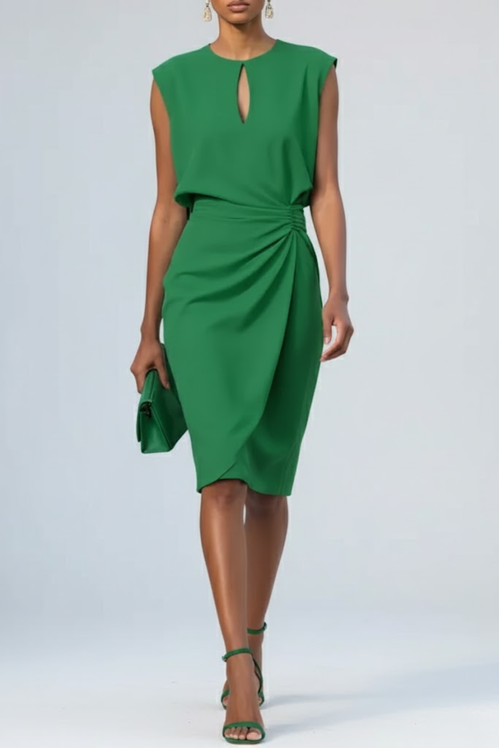 Keyhole Neck Sleeveless Ruched Wrap Midi Dress