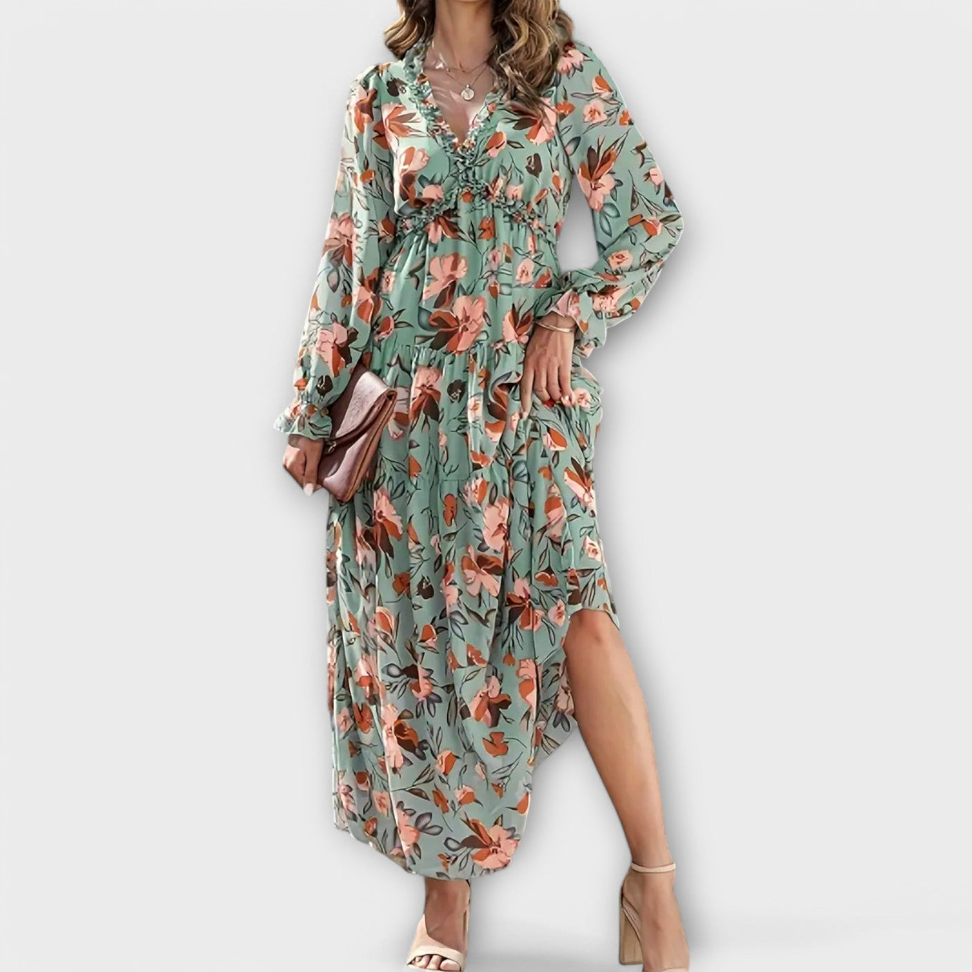 Floral Chiffon V-Neck Long Sleeve Ruffle Tiered Maxi Dress 2