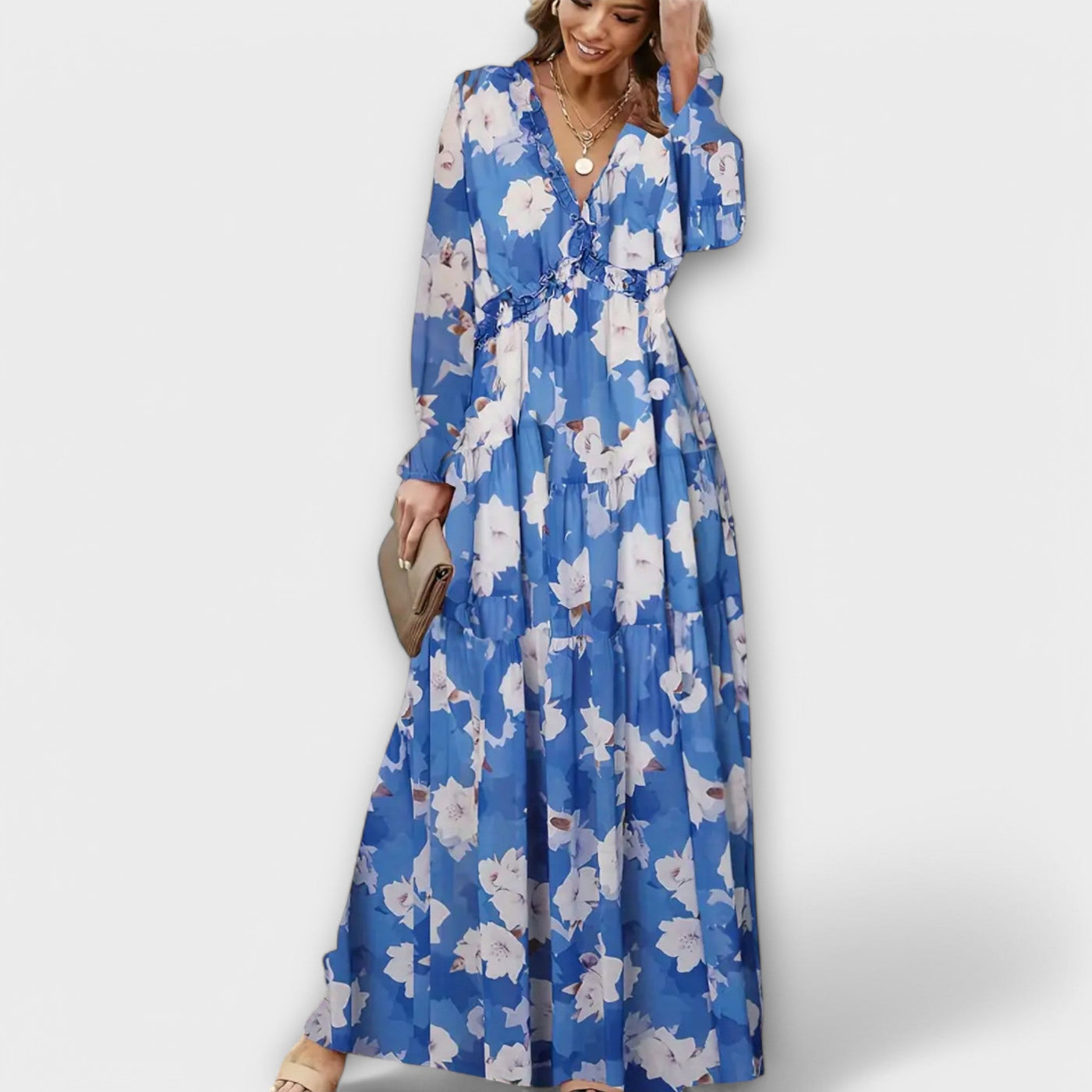 Floral Chiffon V-Neck Long Sleeve Ruffle Tiered Maxi Dress 3