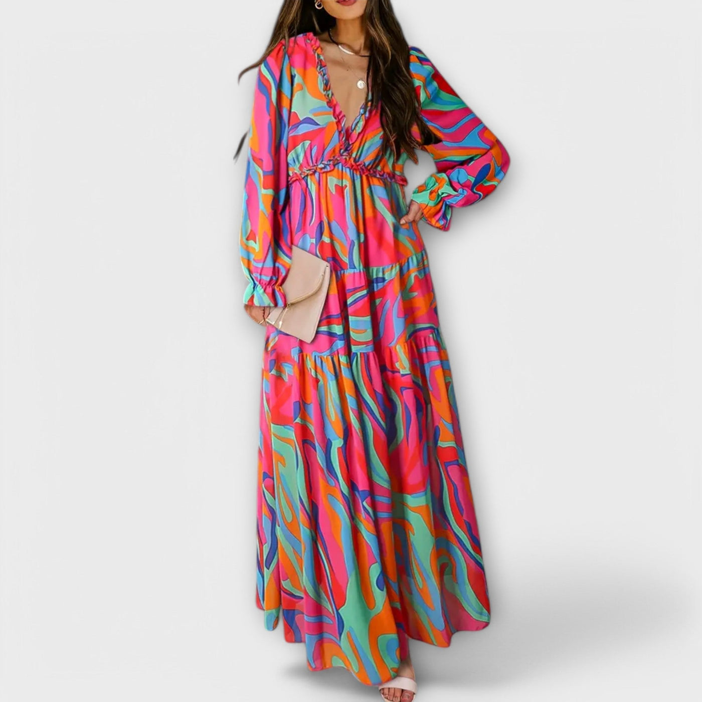 Floral Chiffon V-Neck Long Sleeve Ruffle Tiered Maxi Dress 8