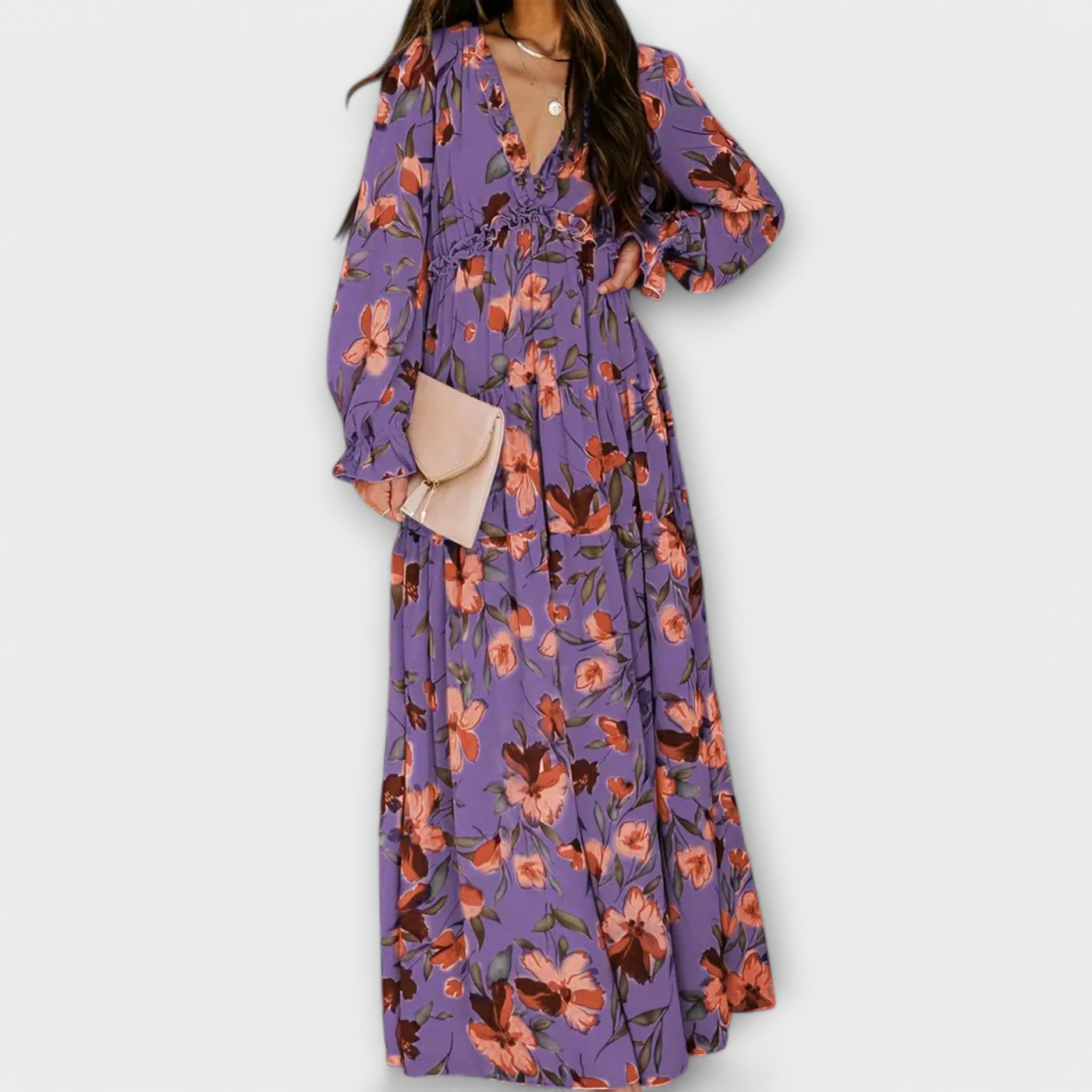 Floral Chiffon V-Neck Long Sleeve Ruffle Tiered Maxi Dress 9
