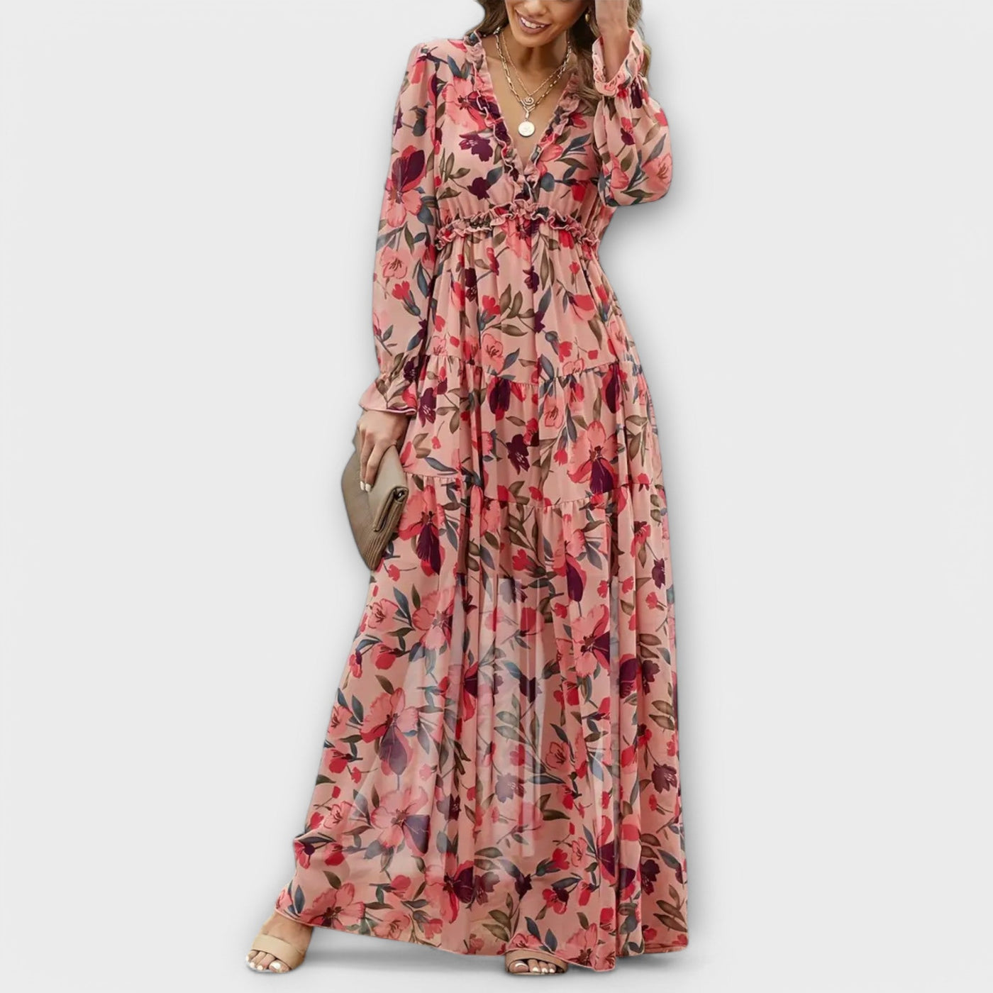 Floral Chiffon V-Neck Long Sleeve Ruffle Tiered Maxi Dress