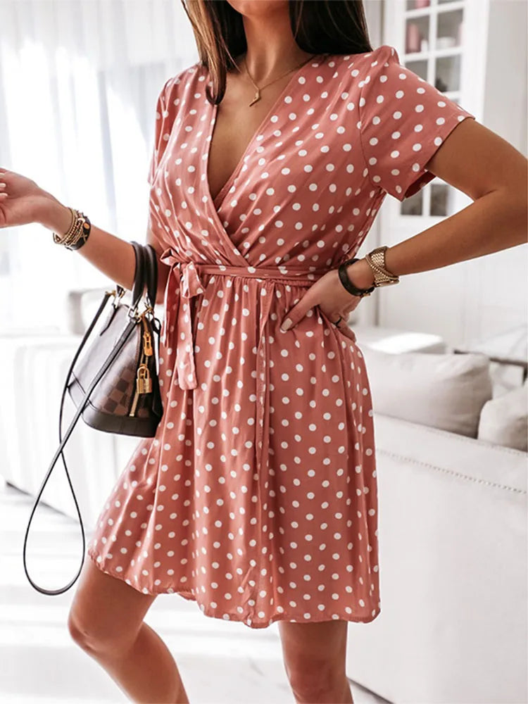 Polka Dot VNeck Split Boho Midi Dress