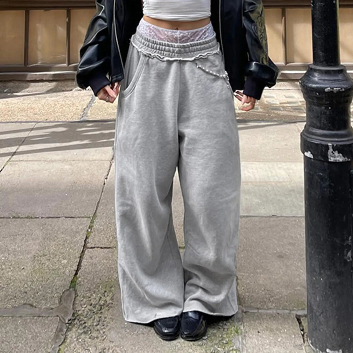 Lace Trim Layered Waist Raw Hem Wide Leg Sweatpants 2