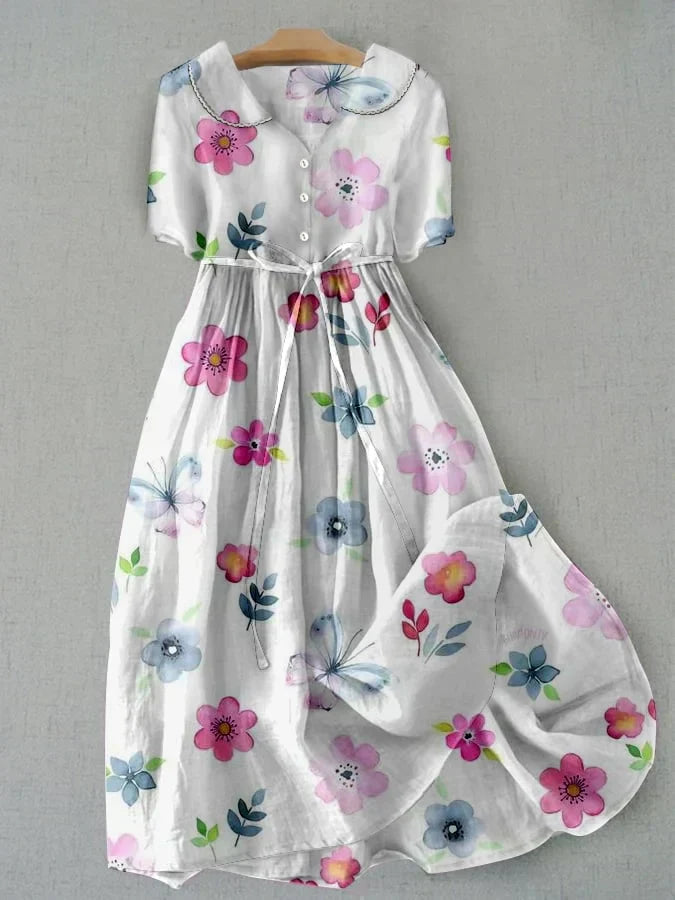 Floral Print Peter Pan Collar Short Sleeve Tie Waist Midi Dress