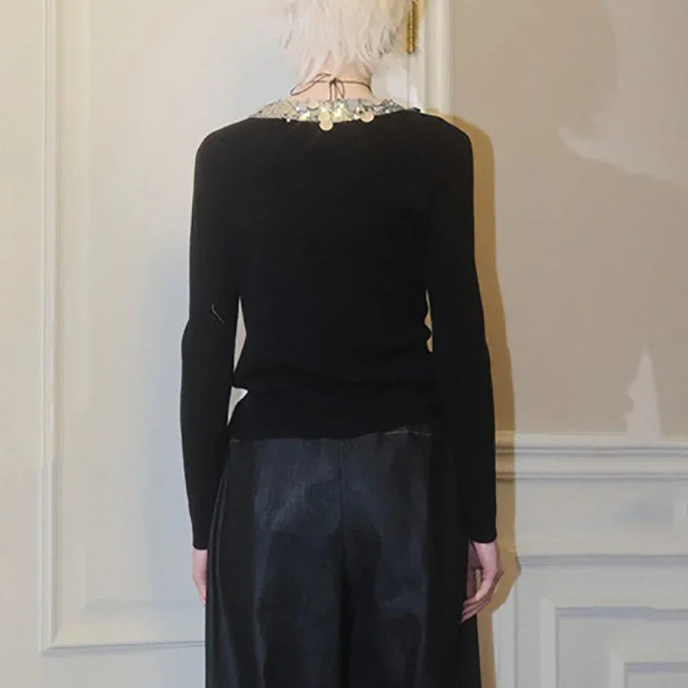 Wool Blend Colorful Sequin V-neck Cardigan
