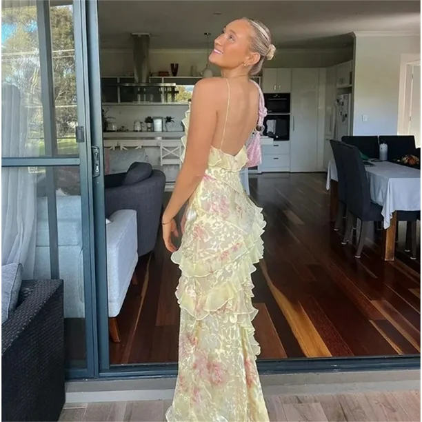 Charming Pink Print Chiffon Ruffles Party Evening Dress Long Prom Dress cc1809