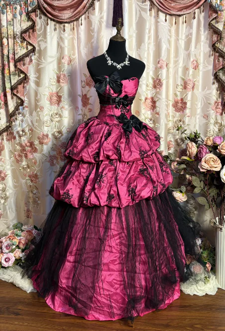 Vintage Sweetheart Neck Hot Pink Tulle Satin Layered Ball Gown Formal Quinceanera Dress With Bow