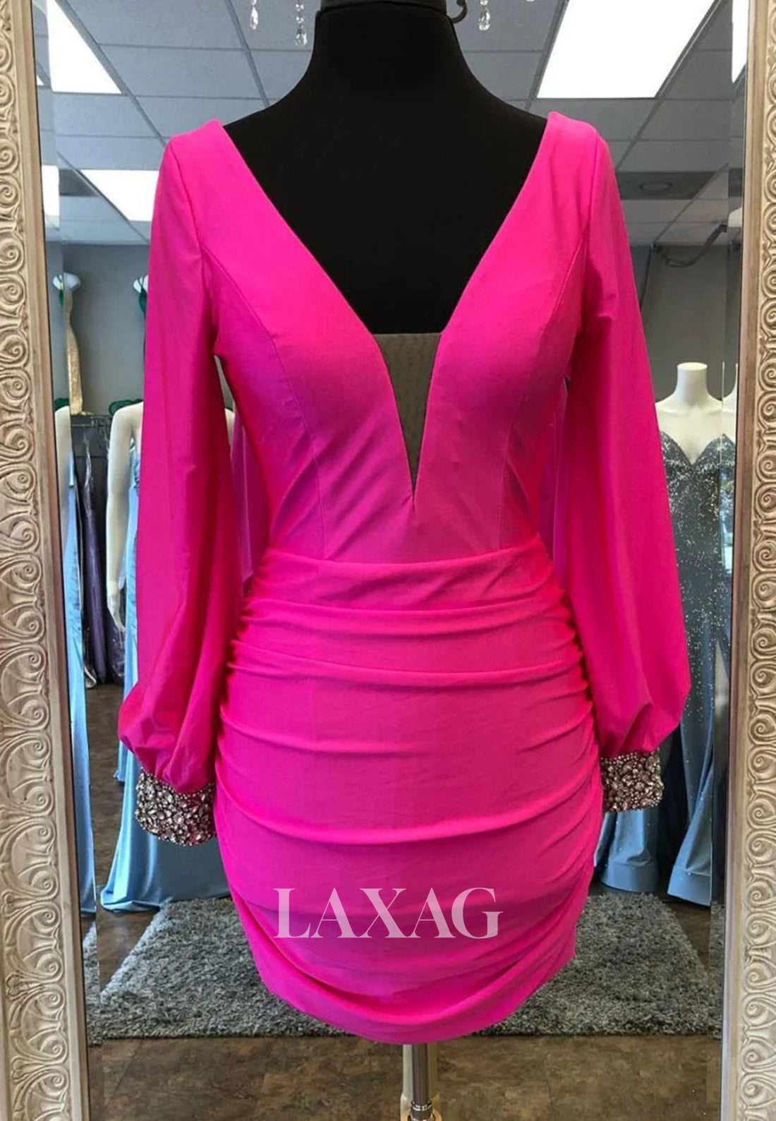 Deep V-Neck Long-Sleeves Beaded Pleated Chiffon Mermaid Short Party Homecoming Dress