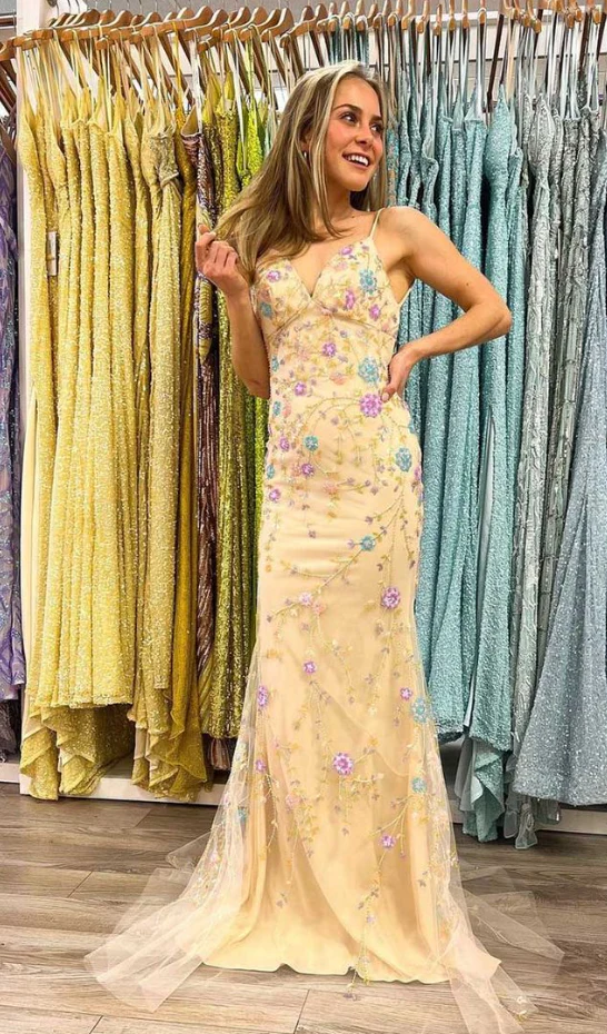 Beautiful Yellow Straps Mermaid Backless Evening Dress Long Prom Dress cc1965