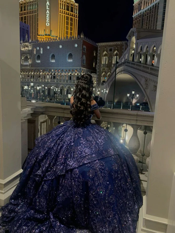 Vintage Navy Blue Ball Gown Off The Shoulder Tulle Lace Sequin Formal Quinceanera Dress