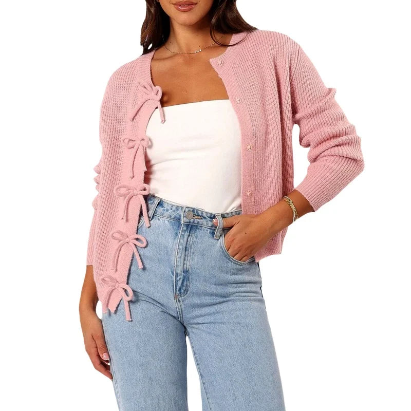 Crew Neck Long Sleeve Bow Tie Front Ribbed Knit Cardigan 10