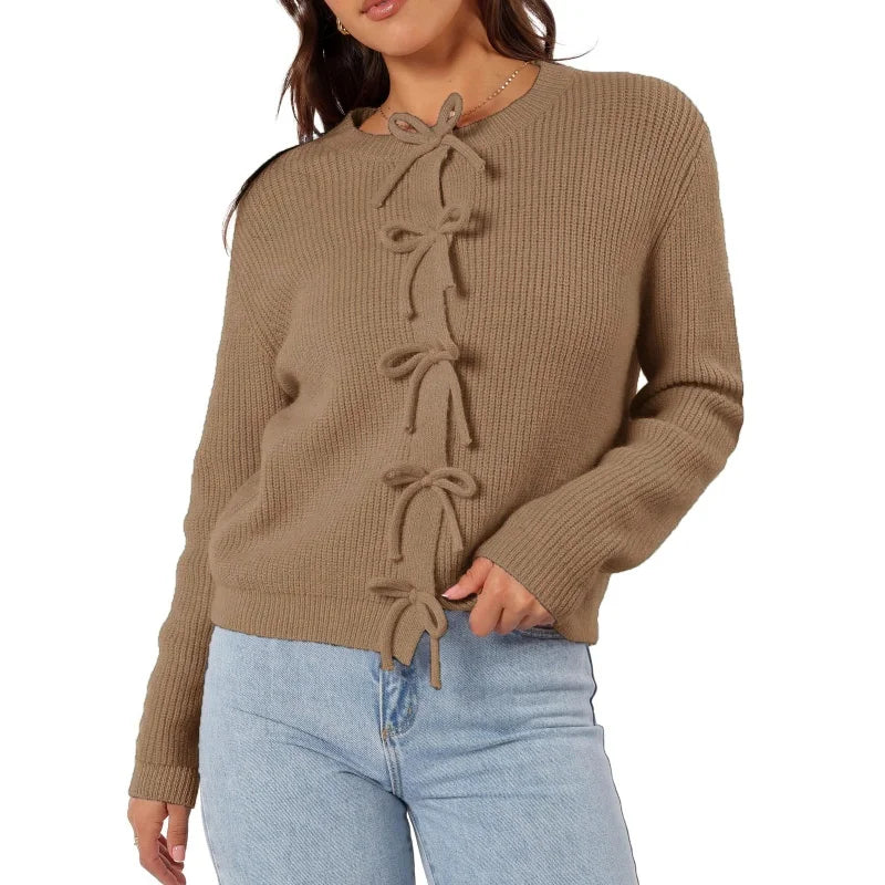 Crew Neck Long Sleeve Bow Tie Front Ribbed Knit Cardigan 12