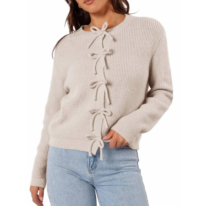 Crew Neck Long Sleeve Bow Tie Front Ribbed Knit Cardigan 9