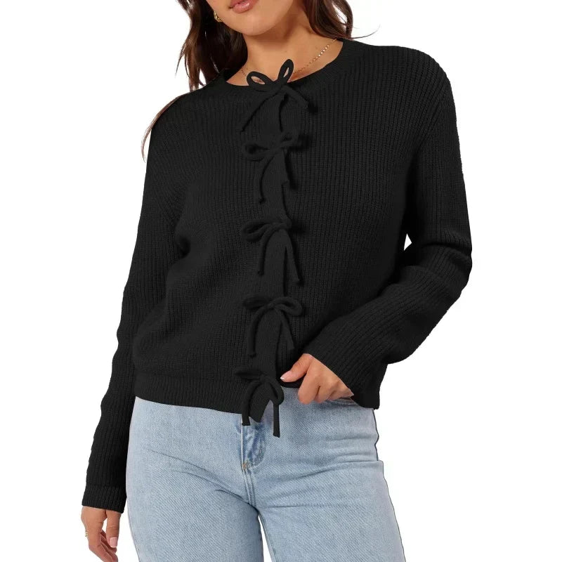 Crew Neck Long Sleeve Bow Tie Front Ribbed Knit Cardigan 8