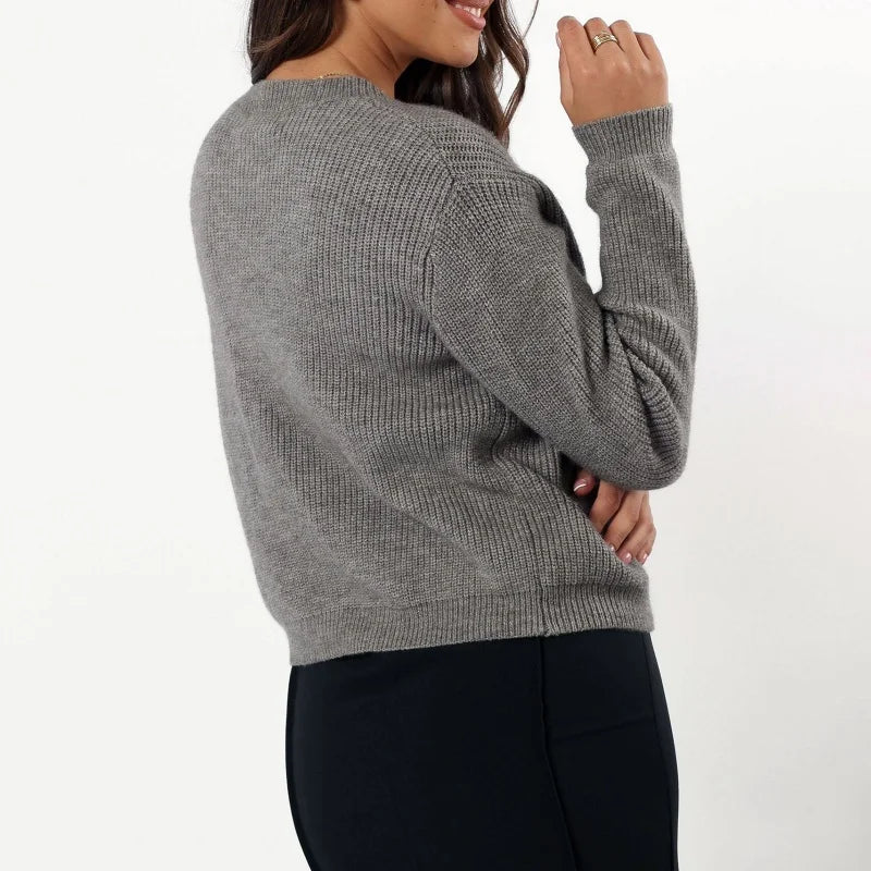 Crew Neck Long Sleeve Bow Tie Front Ribbed Knit Cardigan 2