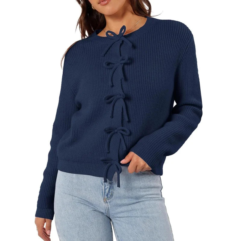 Crew Neck Long Sleeve Bow Tie Front Ribbed Knit Cardigan 13