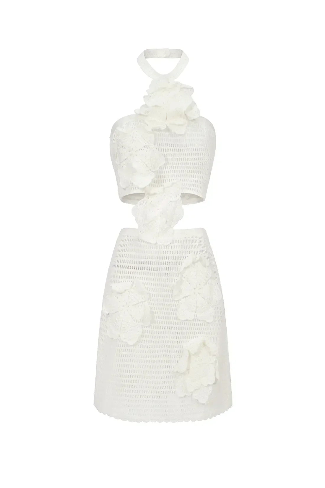 Crochet Knit 3D Flower Halter Crop Top and Mini Skirt Two Piece Set 6