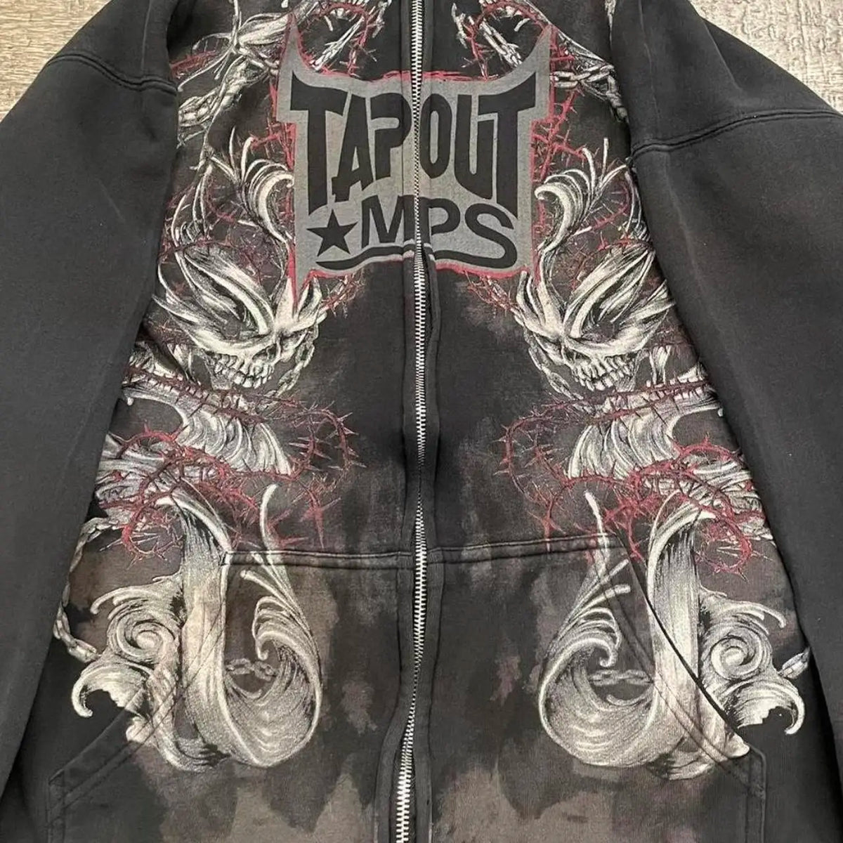 Skull and Chain Graphic Print Washed Zip Front Hoodie 2