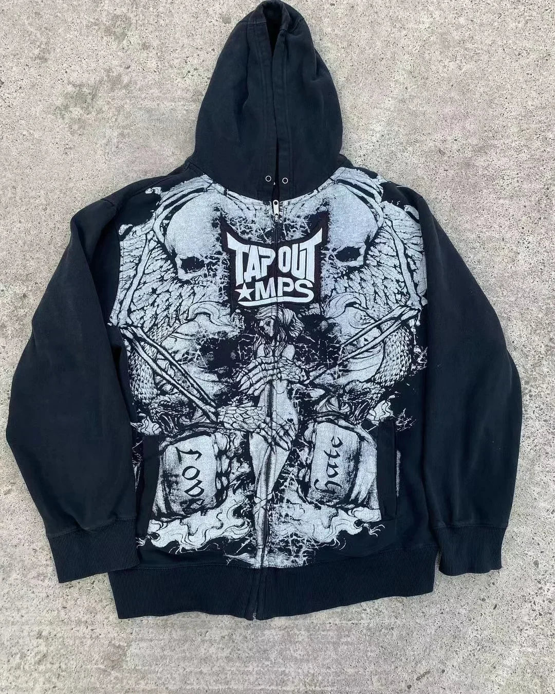 Winged Skull Graphic Print Oversized Zip Front Hoodie 9