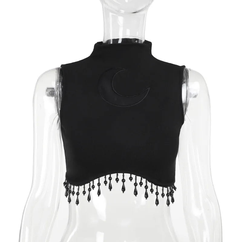 Y2K Goth Moon Lace See Through Vintage Sexy High Collar Sleeveless Tassels Crop Top