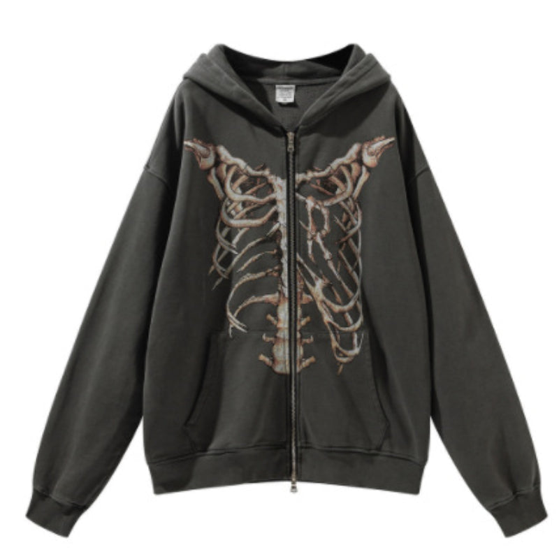 Skeleton Rib Cage Print Zip Front Oversized Hoodie 7