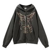 Gothic Punk Skeleton Print Hoody Jacket Dark Grey / M