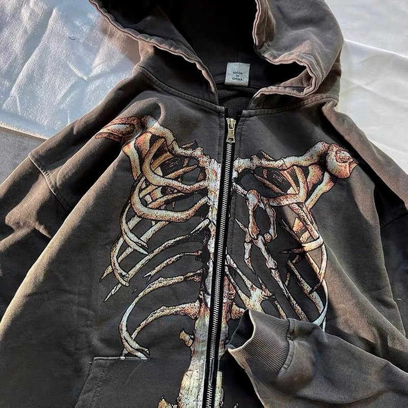 Skeleton Rib Cage Print Zip Front Oversized Hoodie 3