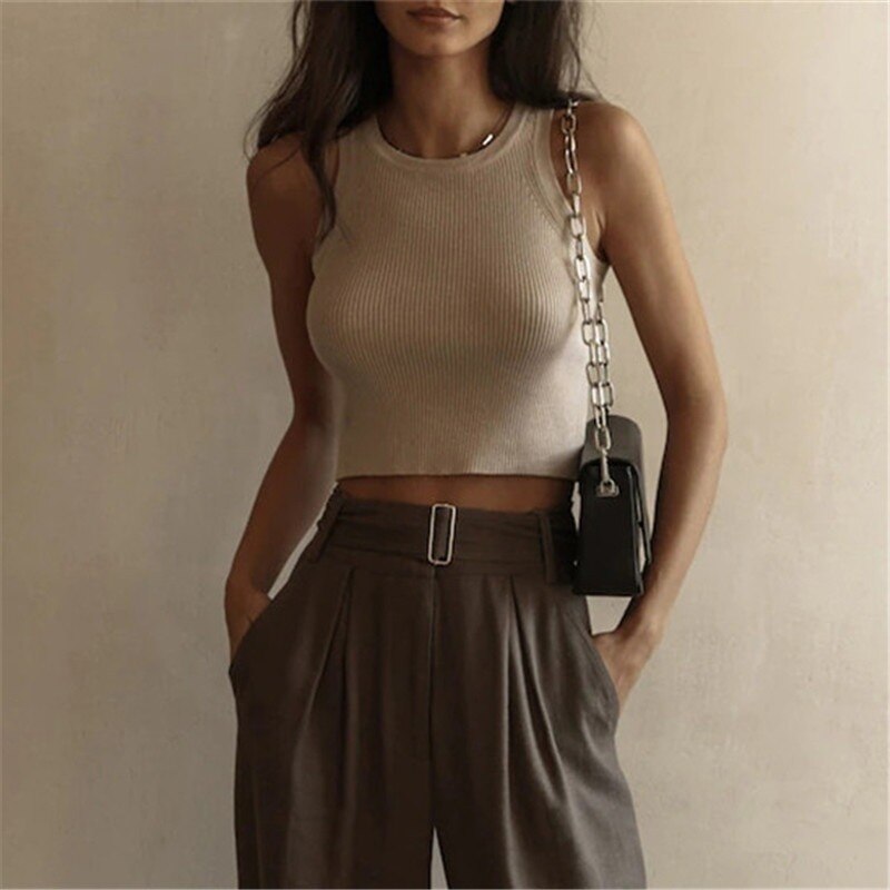 Ribbed Knit Round Neck Sleeveless Cropped Tank Top 9