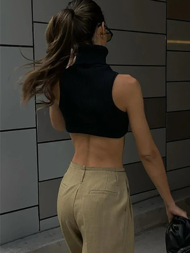 Y2k Black Knitting Turtleneck Crop Women Irregularity Skinny Elasticity Fashion Club Streetwear Tank top
