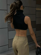 Y2k Black Knitting Turtleneck Crop Women Irregularity Skinny Elasticity Fashion Club Streetwear Tank top