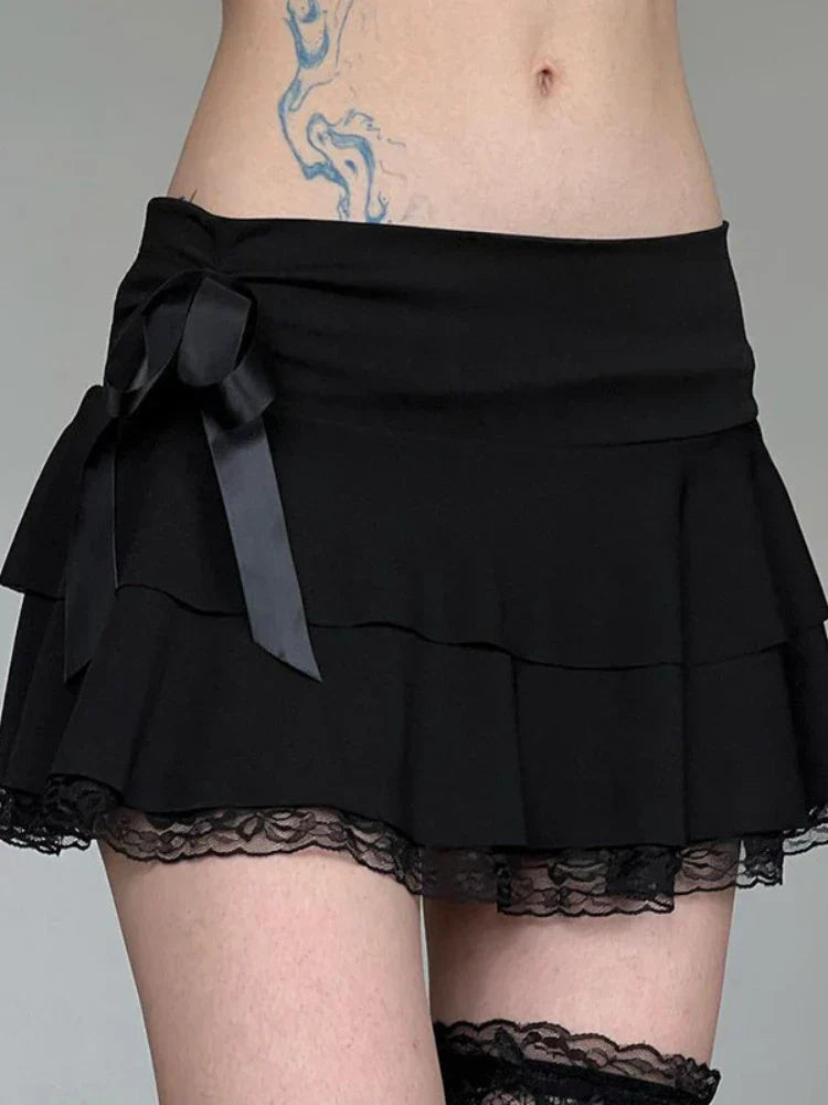 Y2k Bow Lace Trim Aline Party Mini Mall Gothic Ruffles Low Waist Black Women Lolita Fashion Skirt